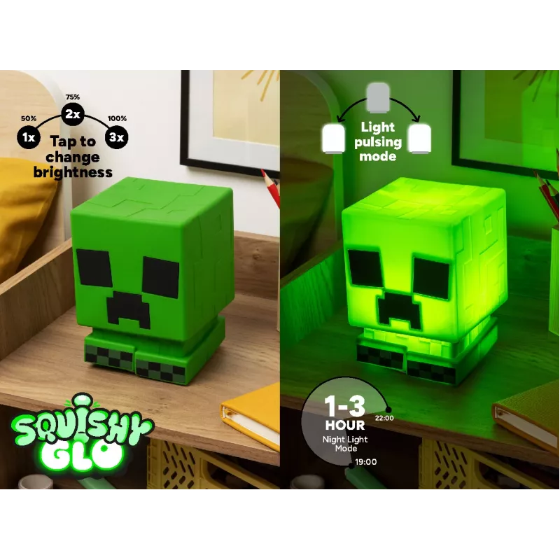 Paladone Minecraft Creeper SquishyGlo silikoninis šviestuvas įkraunamas – pritemdomas žalias LED naktinis šviestuvas su 3 ryškumo lygiais ir Micro USB įkrovimu