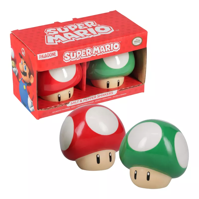 Paladone Super Mario Mushroom druskos ir pipirų indelių rinkinys (raudonas Super grybas ir žalias 1-Up grybas)