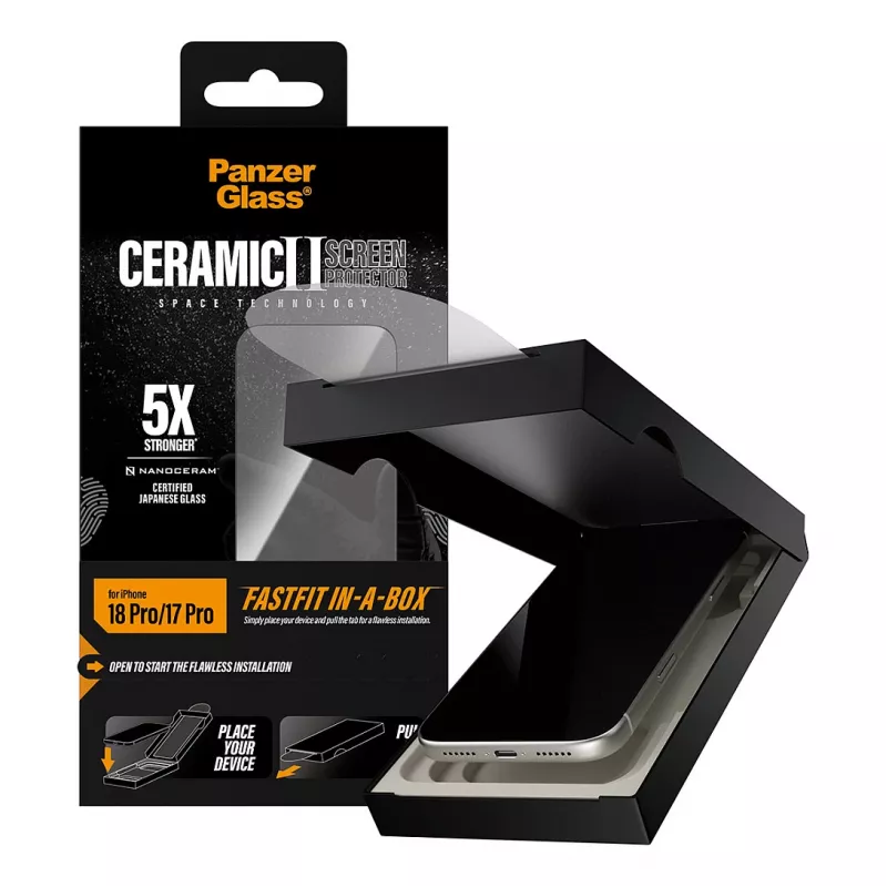PanzerGlass keraminis ekrano apsauginis stiklas iPhone 17 Pro su FastFit In-A-Box