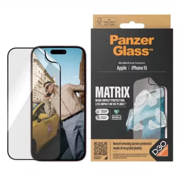 PanzerGlass MATRIX ekrano apsauga su D3O, skirta iPhone 15 | Ultra-Wide Fit su AlignerKit