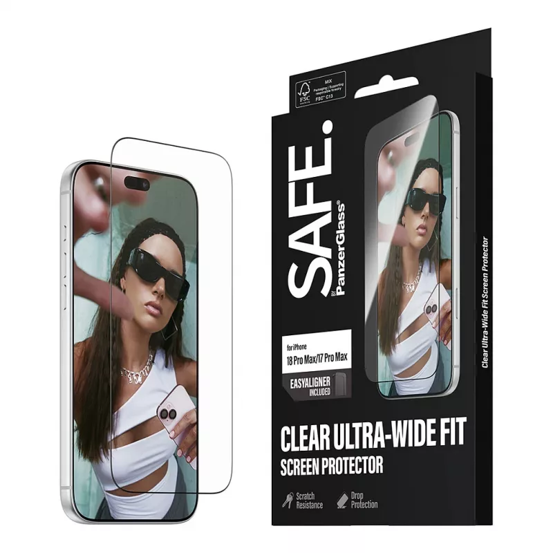 PanzerGlass SAFE ekrano apsauga iPhone 18 Pro Max/17 Pro Max - itin platus grūdintas stiklas, antibakterinis, 9H kietumo