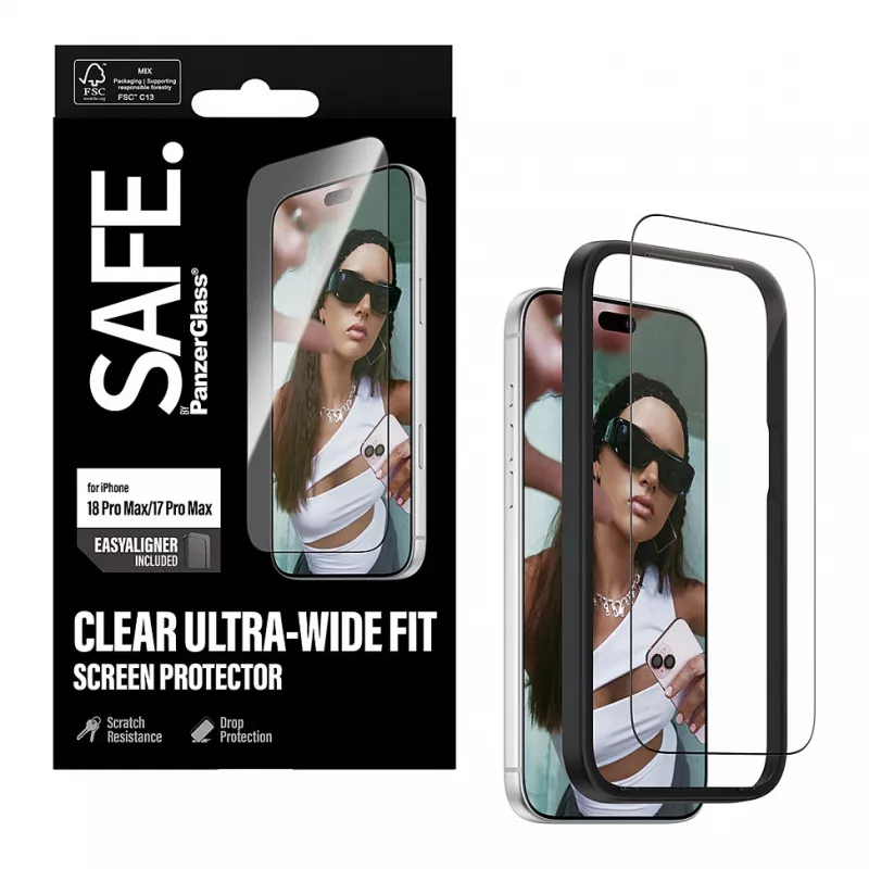 PanzerGlass SAFE ekrano apsauga iPhone 18 Pro Max/17 Pro Max - itin platus grūdintas stiklas, antibakterinis, 9H kietumo