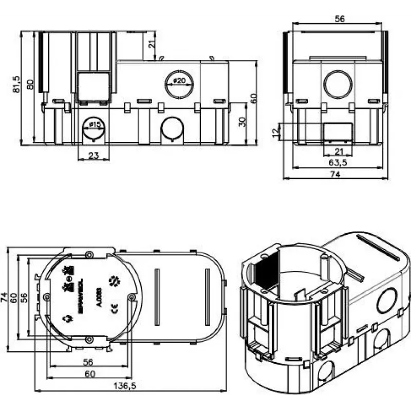 PAWBOL A.0083 giluminė įleidžiama jungiamoji dėžutė elektronikai, 68 mm skersmens, oranžinė