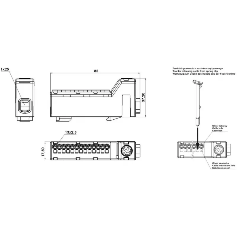 PAWBOL E.4136C Belaidis gnybtų blokas LZB, 6 polių, 2,5 mm², 450 V, 24 A, juodos spalvos