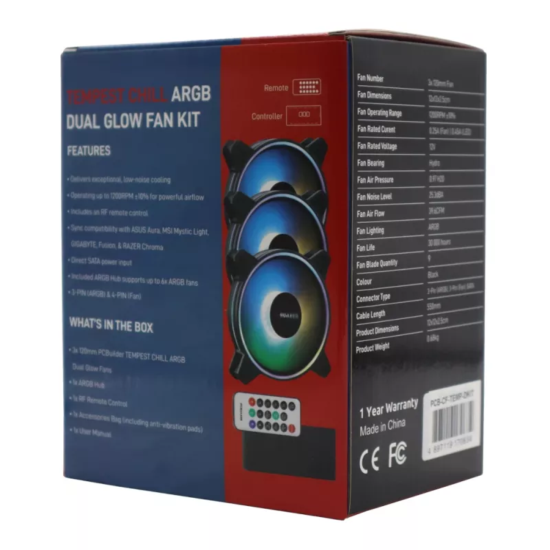 PCBuilder Tempest Chill ventiliatorių rinkinys 3x120mm Dual Glow ARGB su valdikliu ir RF nuotolinio valdymo pulteliu