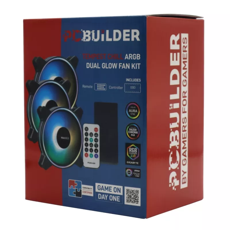 PCBuilder Tempest Chill ventiliatorių rinkinys 3x120mm Dual Glow ARGB su valdikliu ir RF nuotolinio valdymo pulteliu