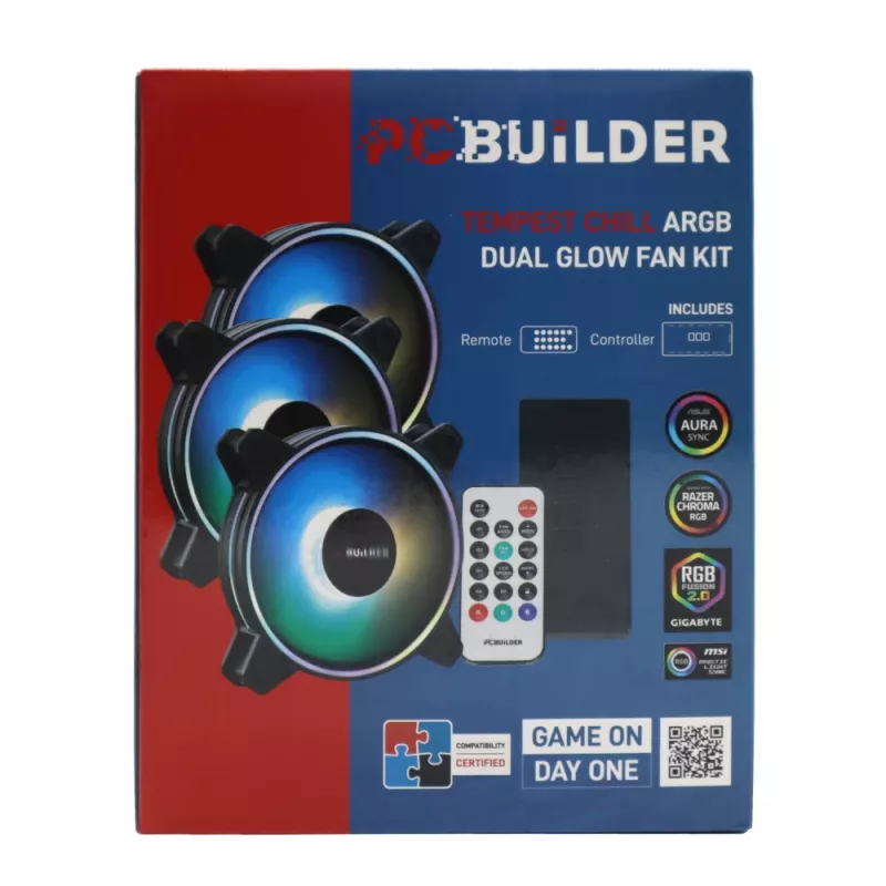 PCBuilder Tempest Chill ventiliatorių rinkinys 3x120mm Dual Glow ARGB su valdikliu ir RF nuotolinio valdymo pulteliu