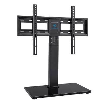 PERLESMITH PSTVS13 Laisvai pastatomas TV stovas su laikikliu 37-75 colių televizoriams, juodas, 45 kg talpa, VESA 100x100 iki 600x400, aukščio reguliavimas, pasukimas ±35°, grūdinto stiklo pagrindas