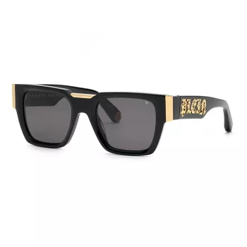 PHILIPP PLEIN SPP095M520700 Vyriški kvadratiniai akiniai nuo saulės, juodas acetatinis rėmelis, pilki lęšiai, UV400, 52/21/145 mm