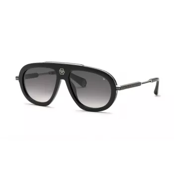 PHILIPP PLEIN SPP151V57700Y Vyriški Akiniai nuo Saulės – Juodas Acetato Rėmas, Pilki Polikarbonato Lęšiai, 57 mm