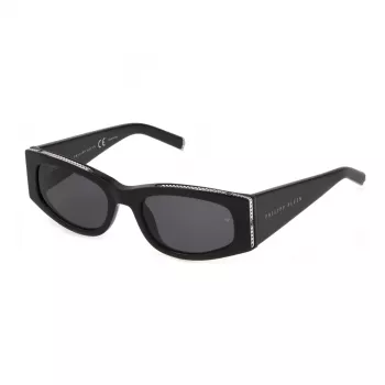 Moteriški Philipp Plein katės akies akiniai nuo saulės SPP025S550700 – blizgūs juodi acetatiniai rėmeliai, dūminiai lęšiai, UV400