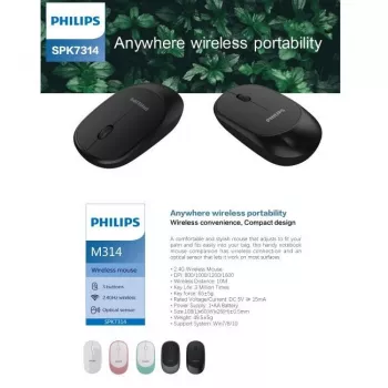 Philips M314 stilinga ir kompaktiška belaidė pelė, 3 mygtukai, 800/1000/1200/1600 dpi, juoda