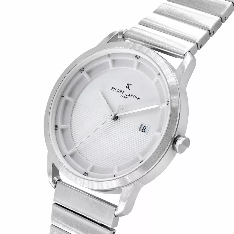 Pierre Cardin CLC.6001 vyrų laikrodis, 43 mm nerūdijančio plieno korpusas, kvarcinis analoginis, pilkas ciferblatas, nerūdijančio plieno apyrankė