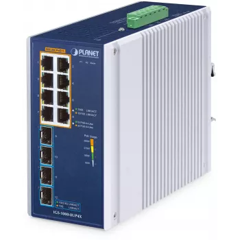 PLANET TECHNOLOGY CORP. IGS-5225-8P4X Pramoninis 8 prievadų 10/100/1000T 802.3bt PoE + 4 prievadų 10G SFP+ Ethernet Switch (360W PoE biudžetas, PoE naudojimo LED, -40~75°C, dviguba 48~54V DC)