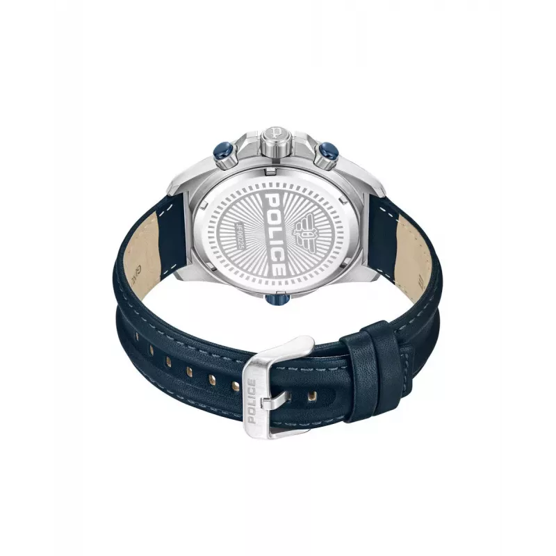POLICE vyriškas laikrodis PEWJF0022503 – kvarcinis analoginis, 46 mm nerūdijančio plieno korpusas, juodas odinis dirželis