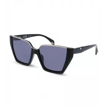 POLICE moteriški akiniai nuo saulės SPLL33-570700 - stačiakampis acetatinis rėmelis, pilki polikarbonatiniai lęšiai, UV400 apsauga, 57 mm lęšio plotis