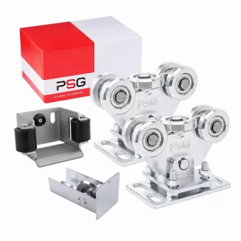 PSG 60.00P.80.19 konsoliniai vartų vežimėlių rinkinys 80x80x5 mm bėgiui, 400 kg, 2 vežimėliai su 5 plieniniais ritinėliais, cinkuotas plienas