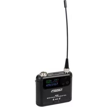 PSSO PXS Mini kūno siųstuvas 470-510 MHz UHF belaidės sistemos komponentas su 16 kanalų, 10 mW galia, LCD ekranu, 10 val. baterijos veikimo laiku, 3 kontaktų mini-XLR įėjimu, diržo klipsu 13063513