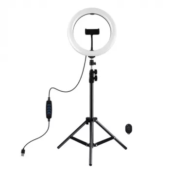 PULUZ 26 cm LED žiedo šviestuvas su trikojžiu iki 1,1 m ir telefono laikikliu, USB maitinimas