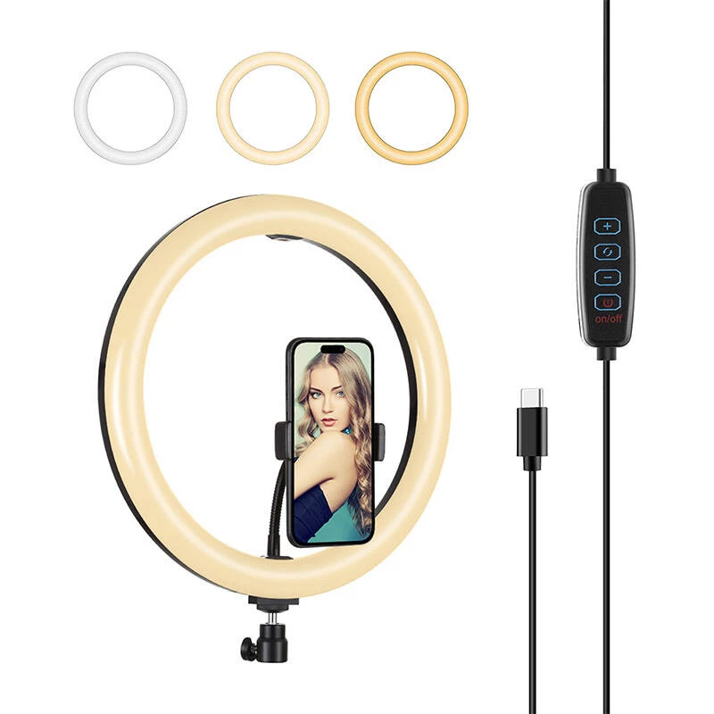 PULUZ PU656B 10 colių LED žiedinė lemputė su telefono laikikliu ir trikoju, 12W, 3000K–6500K, maitinama USB, skirta tiesioginėms transliacijoms, TikTok, YouTube, makiažui, fotografijai