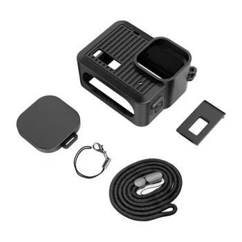 PULUZ PU717B Silikoninis dėklas GoPro HERO 9/10/11/12 juodas – apsauginis dangtelis su objektyvo gaubteliu ir dirželiu