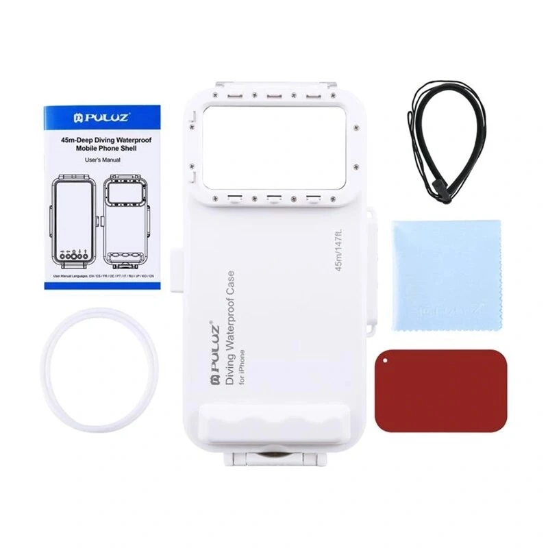 PULUZ PU9010W vandeniui atsparus dėklas, skirtas iPhone – povandeninis korpusas iki 45 m, baltas