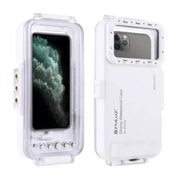 PULUZ PU9010W vandeniui atsparus dėklas, skirtas iPhone – povandeninis korpusas iki 45 m, baltas
