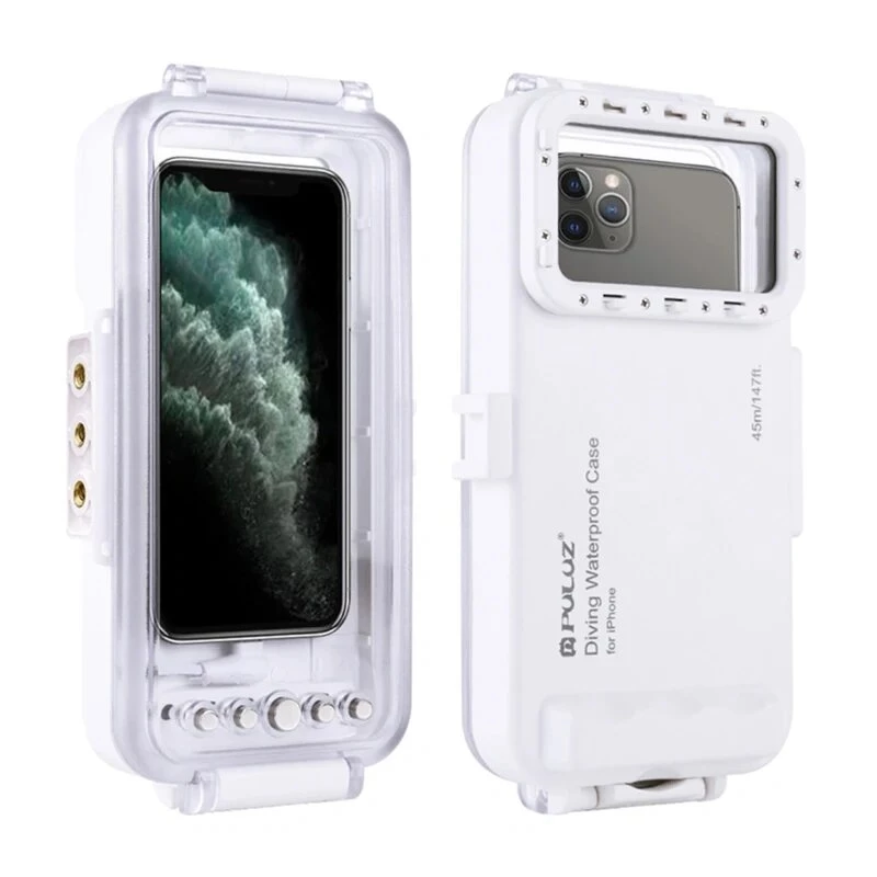 PULUZ PU9010W vandeniui atsparus dėklas, skirtas iPhone – povandeninis korpusas iki 45 m, baltas