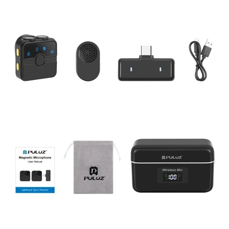 PULUZ SmartLink WS300 2.4GHz dviguba belaidė lavalier mikrofonų sistema su triukšmo slopinimu, 100m atstumu, USB-C įkrovimu