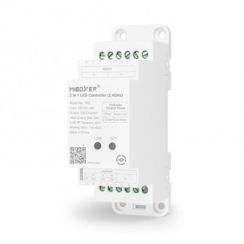 MiBoxer TR2 LED valdiklis „2 viename“, DIN bėgeliui, 12–48 V DC, 20 A