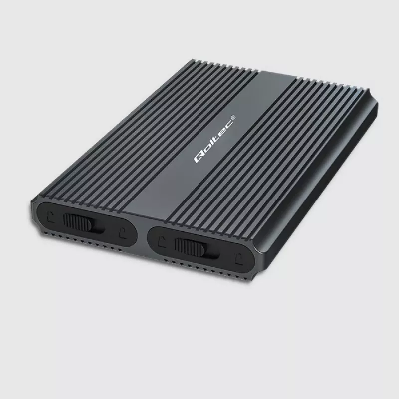 Qoltec Dual M.2 NVMe SATA SSD korpusas su USB-C 3.2 Gen 2, be įrankių, aliuminio, palaiko 2x2TB, UASP, TRIM, 10Gbps
