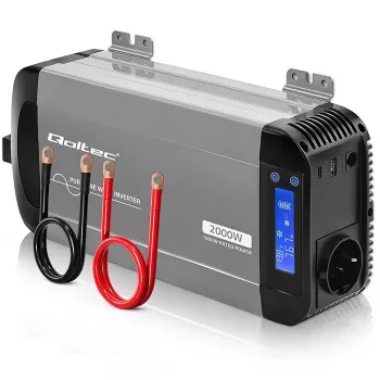 Qoltec grynosios sinusoidės keitiklis 12V į 230V 1000W/2000W su LCD, USB, USB-C, suderinamas su LiFePO4/GEL/AGM