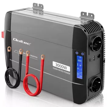 Qoltec grynosios sinusoidės keitiklis 12V į 230V 1500W/3000W su LCD, USB, USB-C, skirtas LiFePO4, GEL, AGM