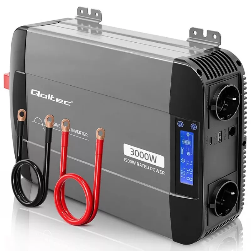 Qoltec grynosios sinusoidės keitiklis 12V į 230V 1500W/3000W su LCD, USB, USB-C, skirtas LiFePO4, GEL, AGM