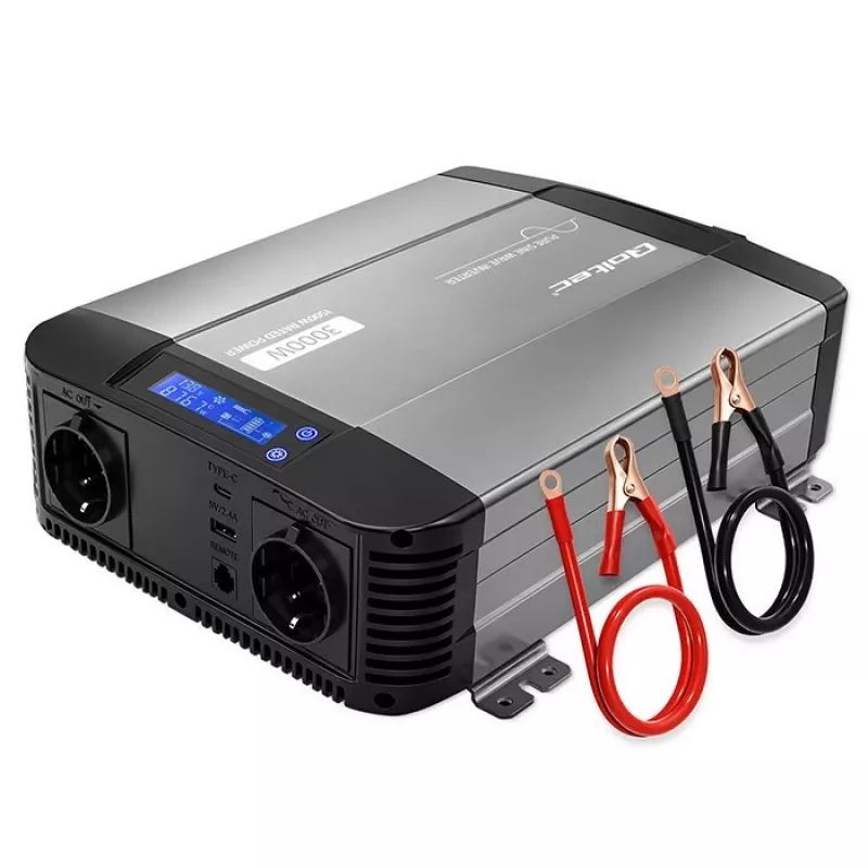Qoltec grynosios sinusoidės keitiklis 12V į 230V 1500W/3000W su LCD, USB, USB-C, skirtas LiFePO4, GEL, AGM