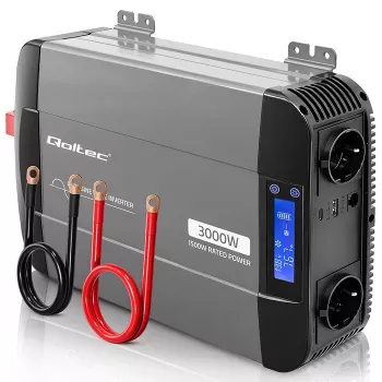 Qoltec grynosios sinusoidės keitiklis 12V į 230V 1500W/3000W su LCD, USB, USB-C, skirtas LiFePO4, GEL, AGM