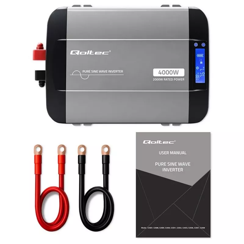 Qoltec grynosios sinusoidės keitiklis 12V į 230V 2000W/4000W su LCD, USB, USB-C, suderinamas su LiFePO4/GEL/AGM