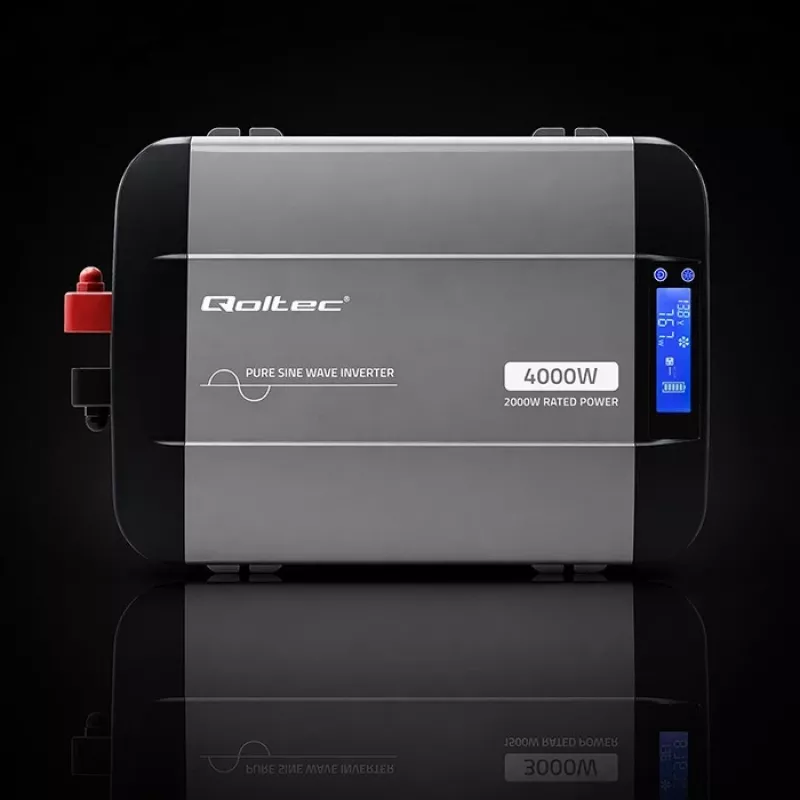 Qoltec grynosios sinusoidės keitiklis 12V į 230V 2000W/4000W su LCD, USB, USB-C, suderinamas su LiFePO4/GEL/AGM