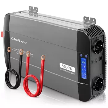 Qoltec grynosios sinusoidės inverteris 12V į 230V 2500W/5000W su LCD, USB, USB-C, suderinamas su LiFePO4/GEL/AGM