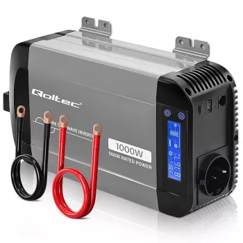 Qoltec grynosios sinusoidės inverteris 12V į 230V 500W/1000W su LCD, USB, USB-C, suderinamas su LiFePo4/GEL/AGM