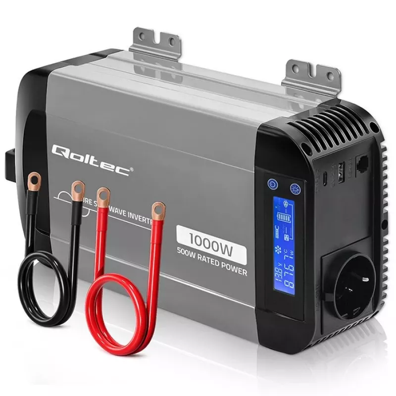 Qoltec grynosios sinusoidės inverteris 12V į 230V 500W/1000W su LCD, USB, USB-C, suderinamas su LiFePo4/GEL/AGM