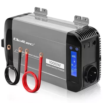 Qoltec grynosios sinusoidės inverteris 12V į 230V 500W/1000W su LCD, USB, USB-C, suderinamas su LiFePo4/GEL/AGM