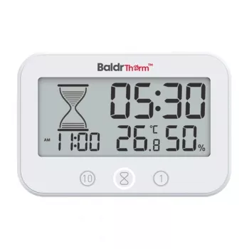 RAINPOINT BALDRTHERM B0549STH vonios laikmatis su temperatūros ir drėgmės matuokliu, IP24 atsparus vandens purslams, atgalinis / į priekį skaičiavimas, LCD foninis apšvietimas, tvirtinimas siurbtuku / stoveliu / prie sienos