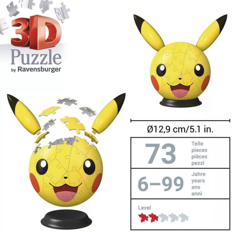 Ravensburger 3D Puzzleball Pokémon Pikachu su Ausytėmis - 54 detalės