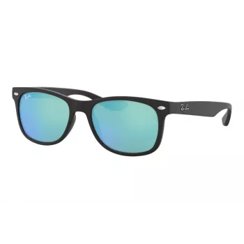 Ray-Ban Junior RJ9052S100S55 Akiniai – Blizgantis Juodas Rėmelis, Šviesiai Mėlyni Veidrodiniai Lęšiai, 48mm
