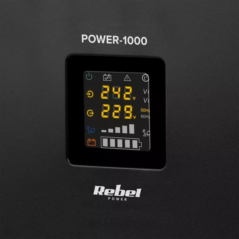 Rebel POWER-1000 sieninis avarinis maitinimo šaltinis – gryno sinusinio signalo keitiklis su 12V įkrovimo funkcija, 230V, 1000VA/700W
