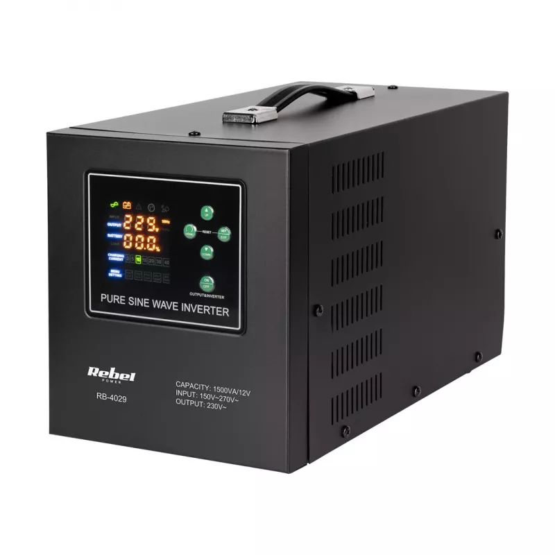 Rebel POWER-1500-LFP4 avarinis maitinimo šaltinis – gryno sinusoidės keitiklis su 12V įkrovimo funkcija, 230V, 1500VA/1050W