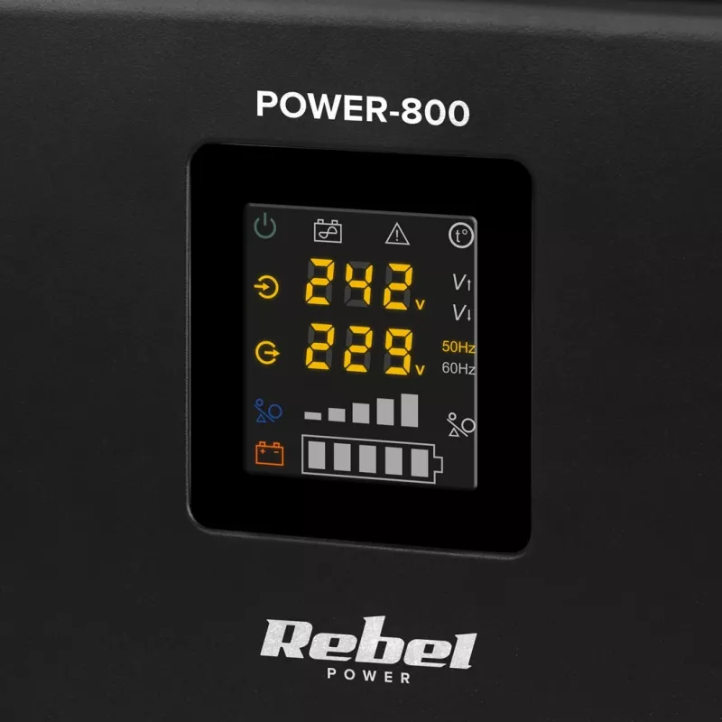 Rebel POWER-800 sieninis avarinis maitinimo šaltinis – grynojo sinusinio signalo keitiklis su 12V įkrovimo funkcija, 230V, 800VA/500W