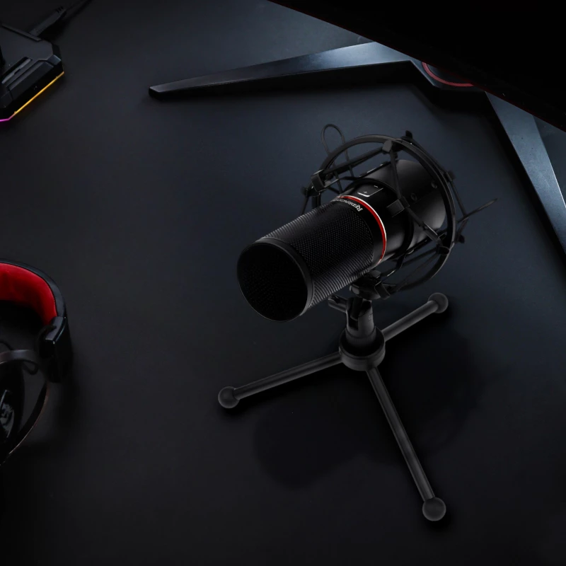 REDRAGON BLAZAR RD-GM300 kardinoidinio kryptingumo USB žaidimų mikrofonas su trikojžiu stovu, pop filtru ir smūgius sugeriančiu laikikliu - juoda