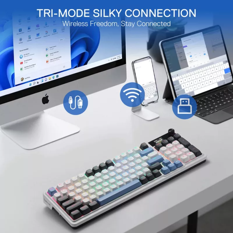 Redragon K719WGB GALATIN RGB PRO pilno dydžio belaidė mechaninė žaidimų klaviatūra - balta